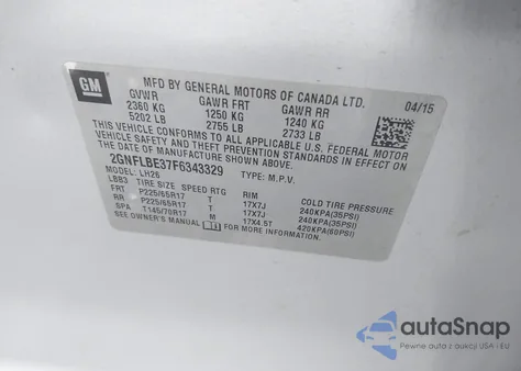 2015 Chevrolet Equinox 1Lt z USA, uszkodzony, nr VIN 2GNFLBE37F6343329